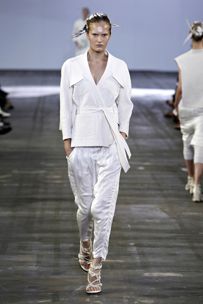 white fitted jacket and relaxed pants