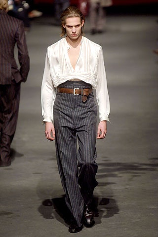 white fitted shirt gray tailored pants