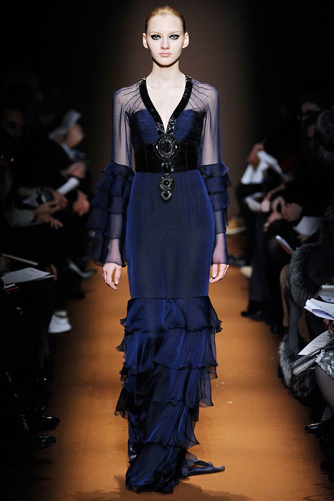 blue silk ruffled gown