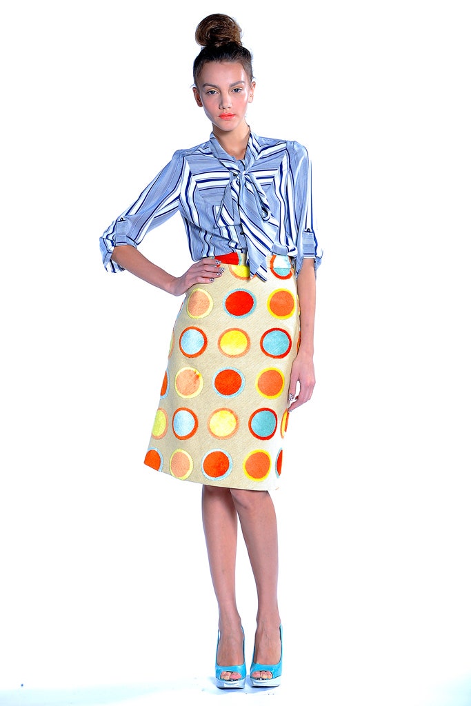 beige cotton fitted a-line printed skirt