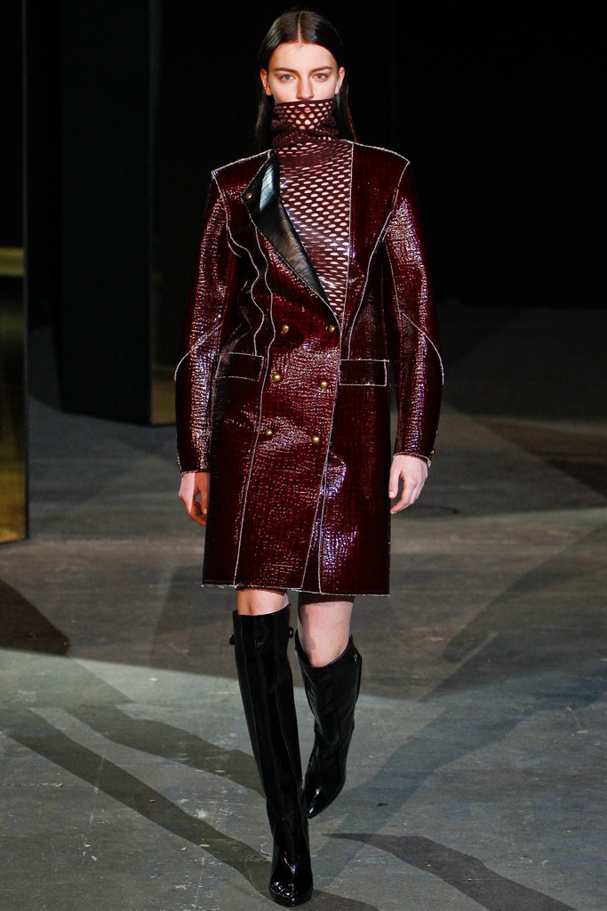 red vinyl long-sleeve collared fitted zippered shiny coat