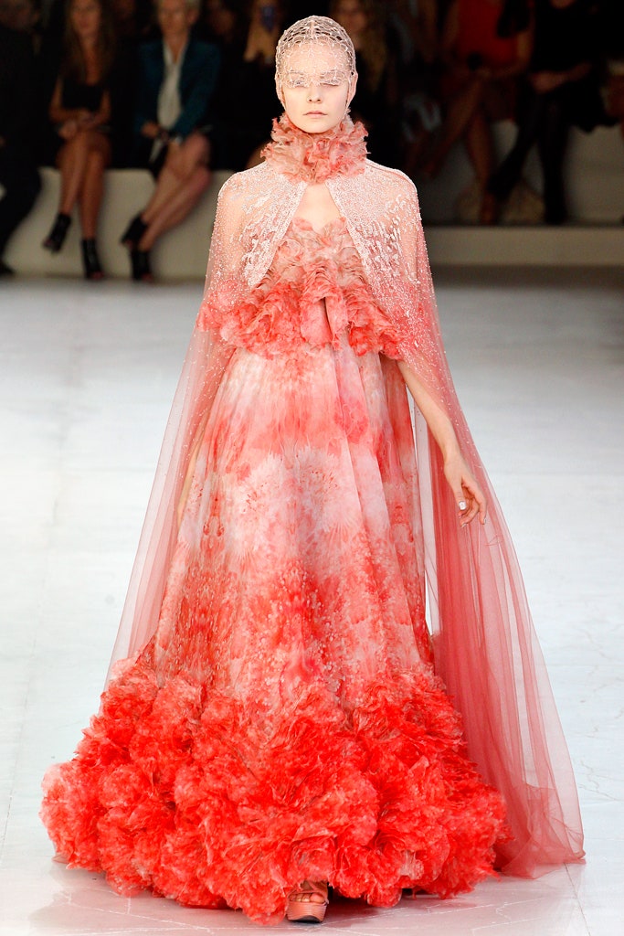 pink silk long-sleeve relaxed layered ruffled flowing cape