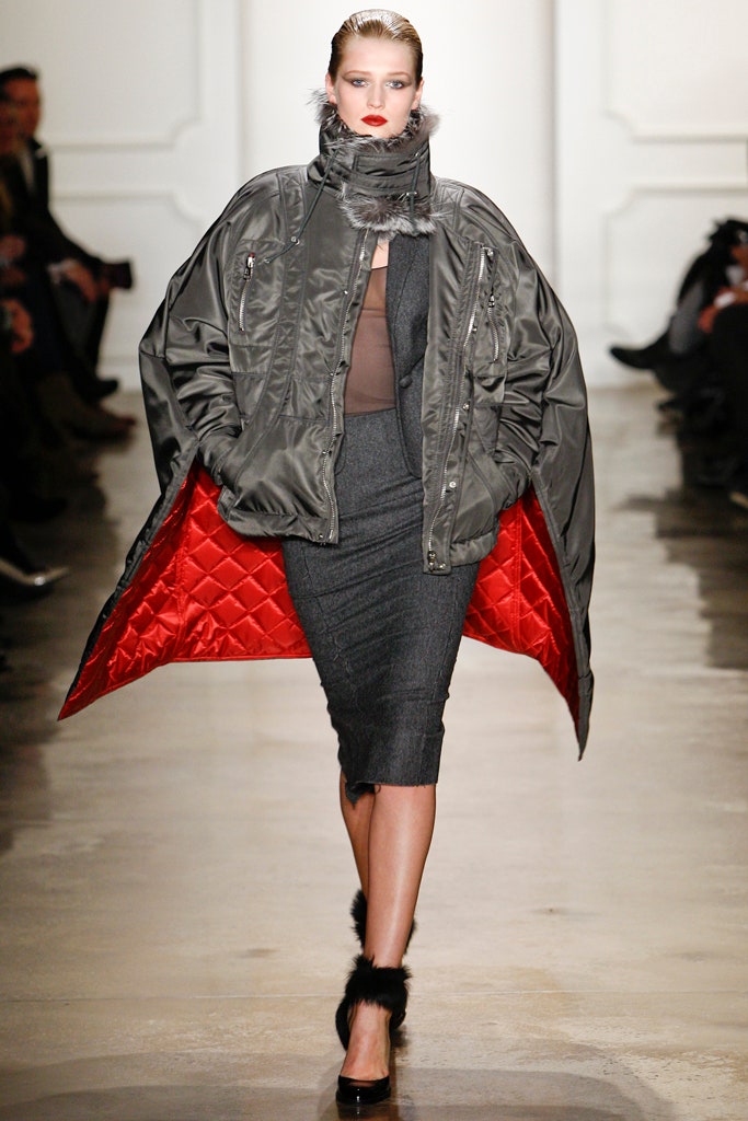 gray jacket black midi dress