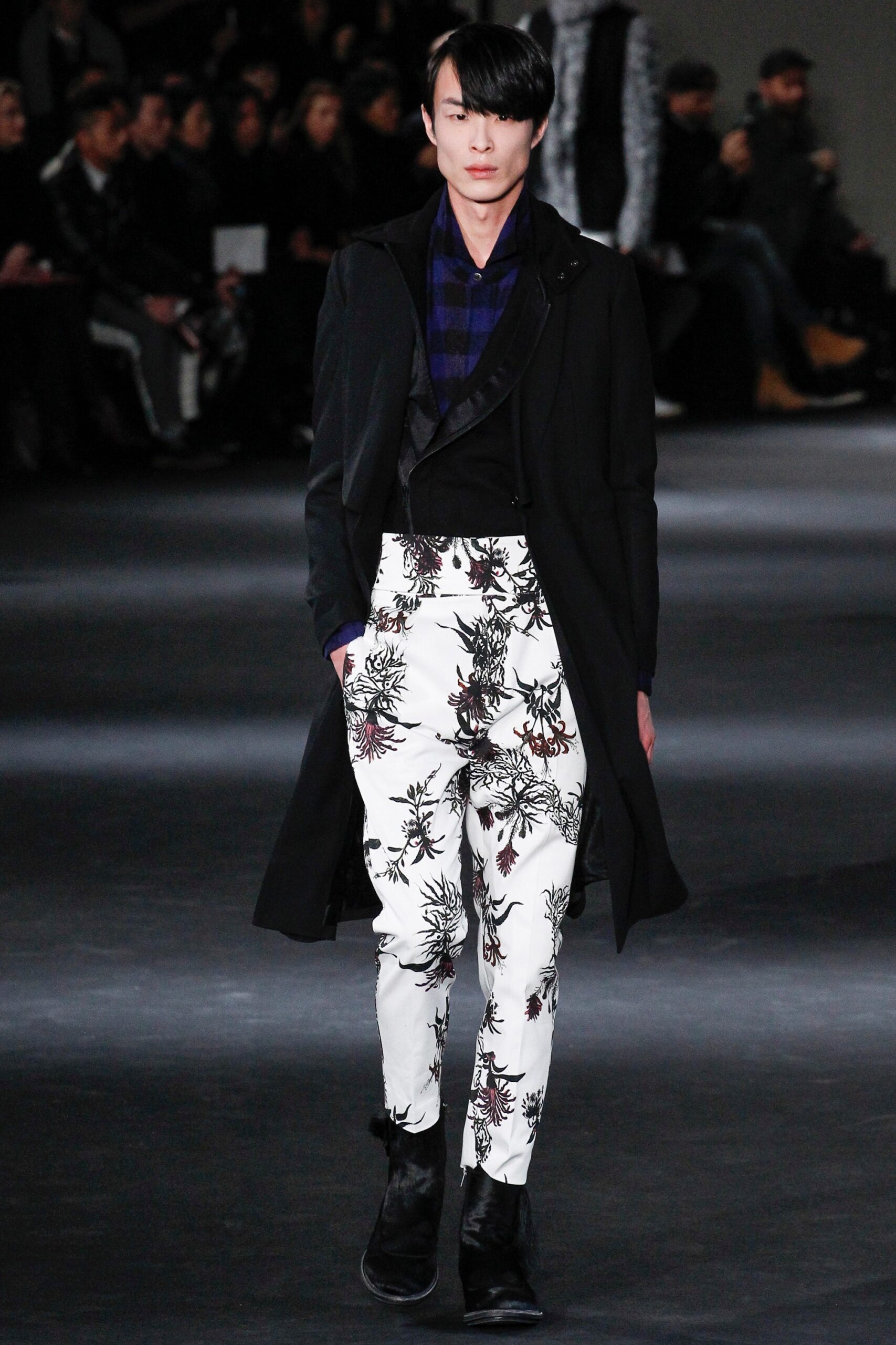 black coat with printed pants