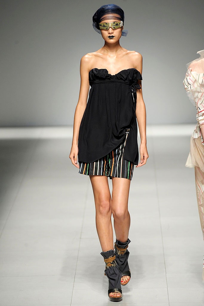 black relaxed strapless dress with striped skirt