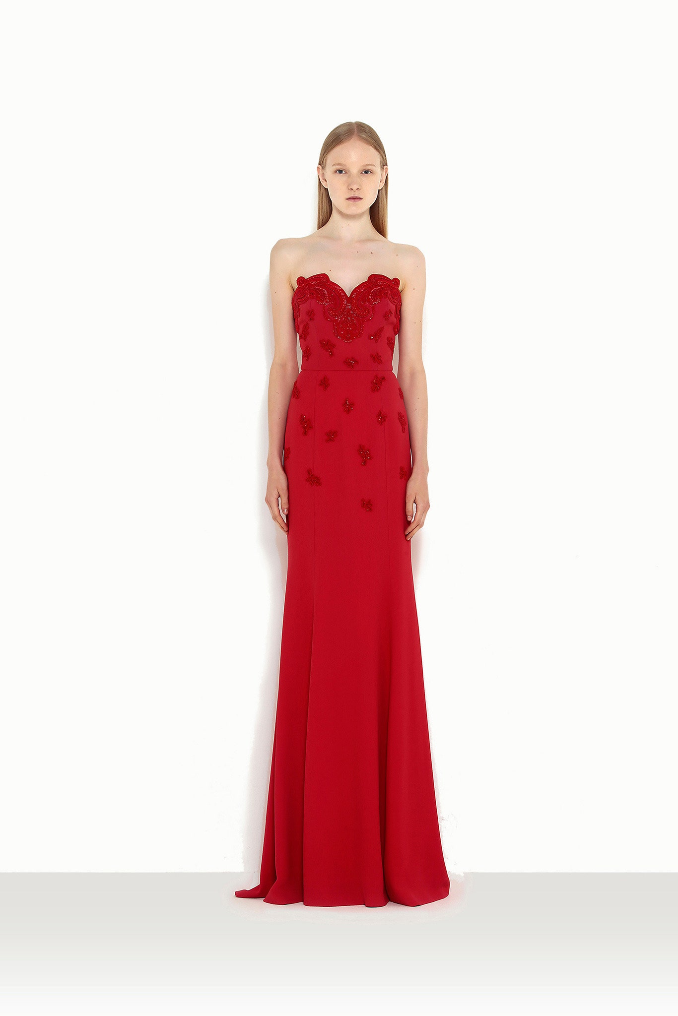 red strapless embroidered gown