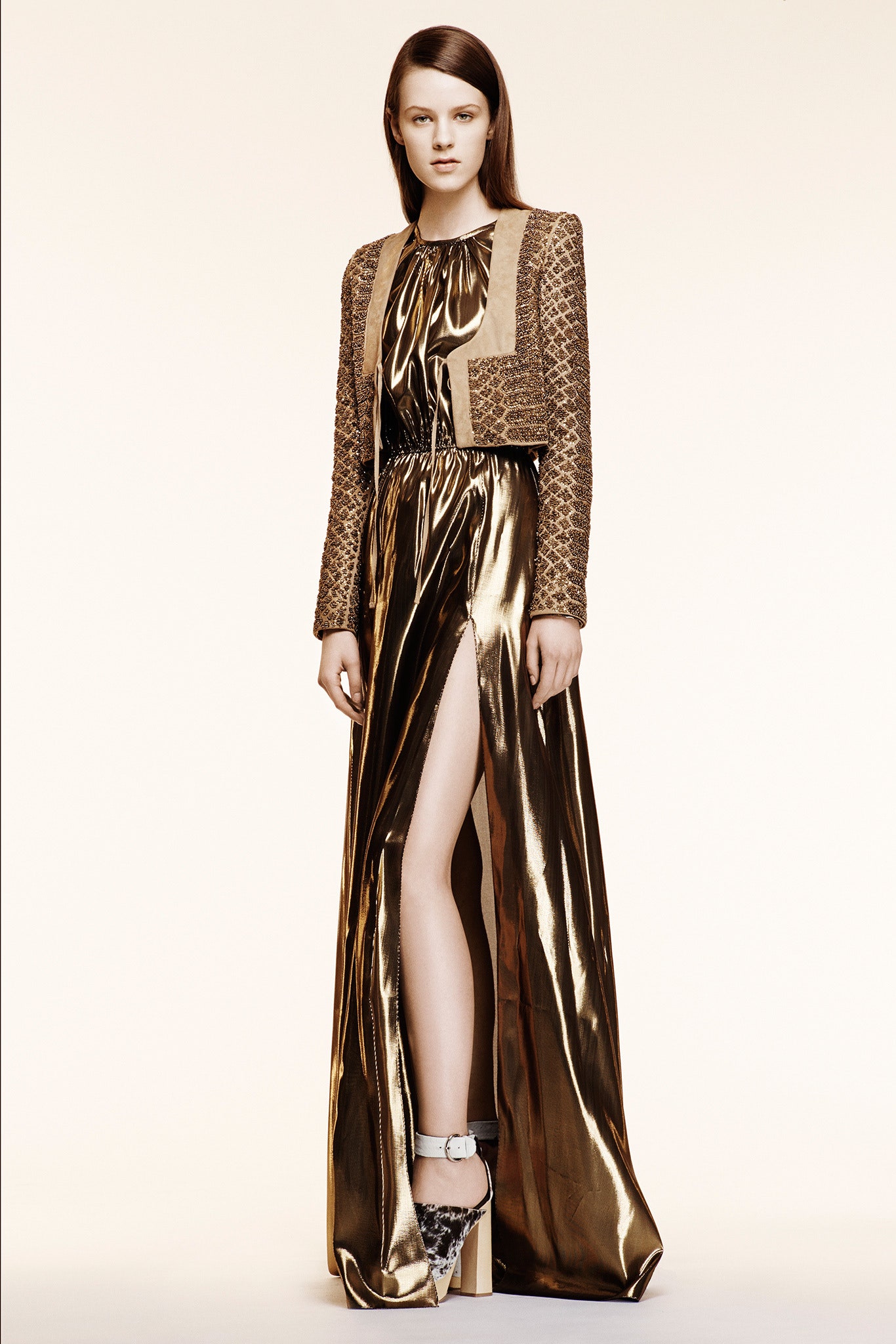gold silk gown with brown jacket