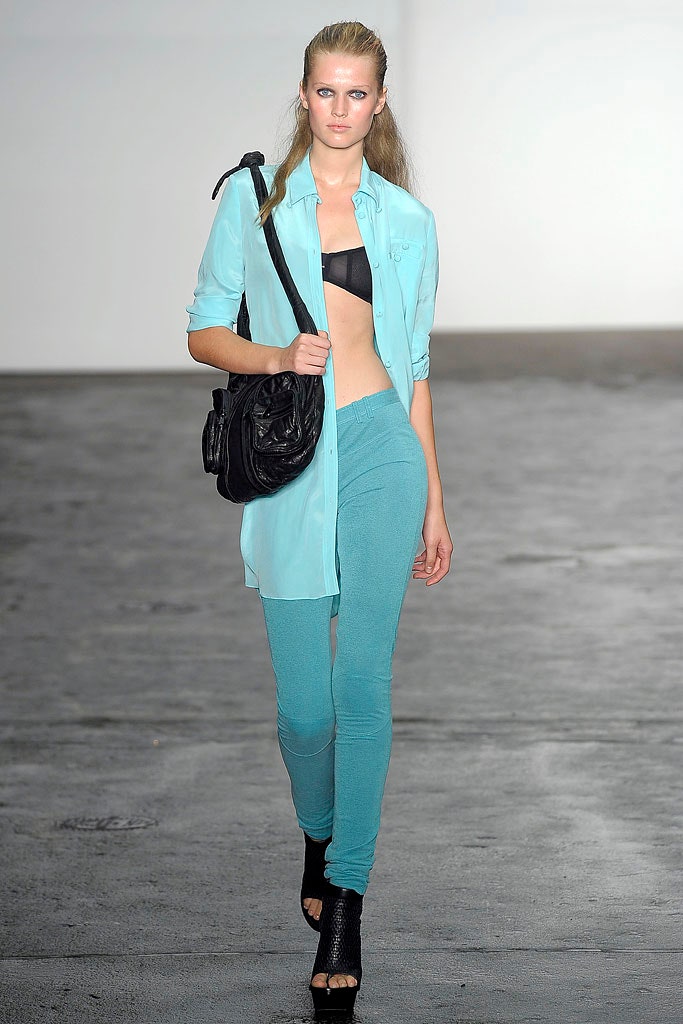 blue relaxed shirt with teal pants