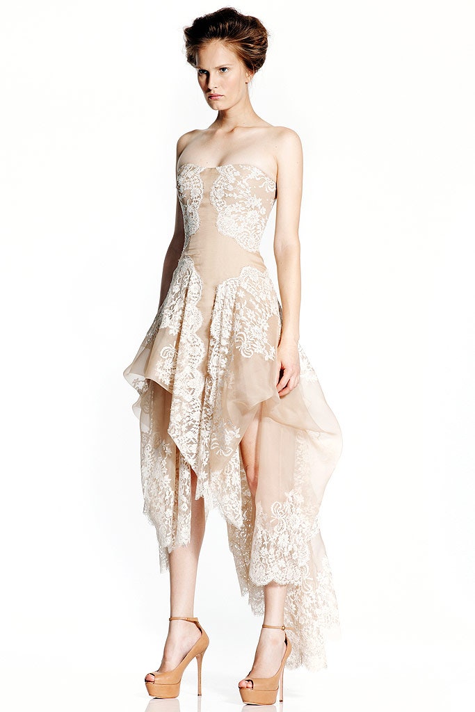 beige lace strapless asymmetric fitted embroidered layered dress