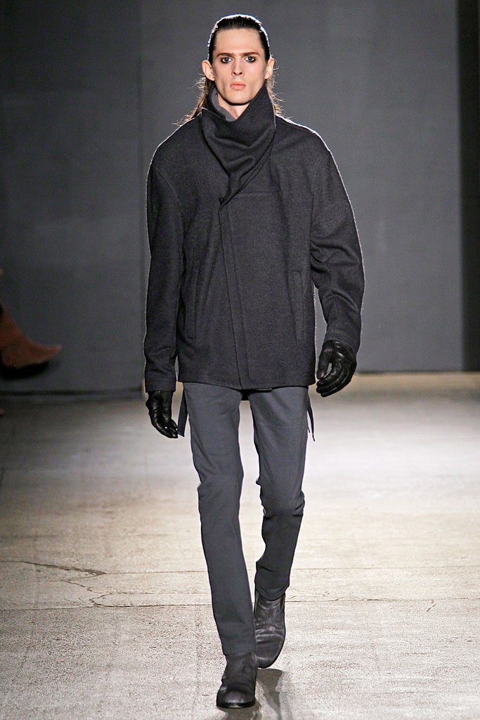 black wool jacket with gray pants