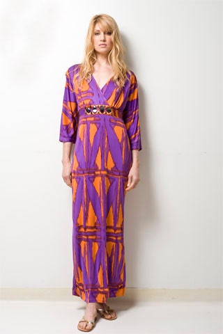 purple and orange printed maxi dress