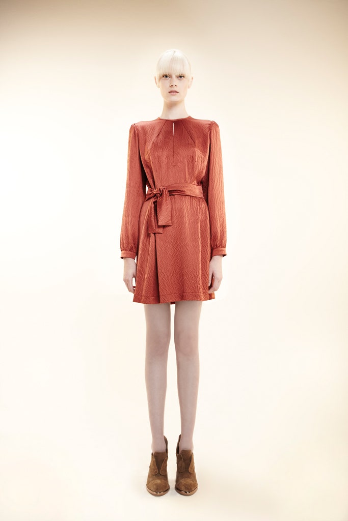 red silk long-sleeve collared fitted belted pleated dress