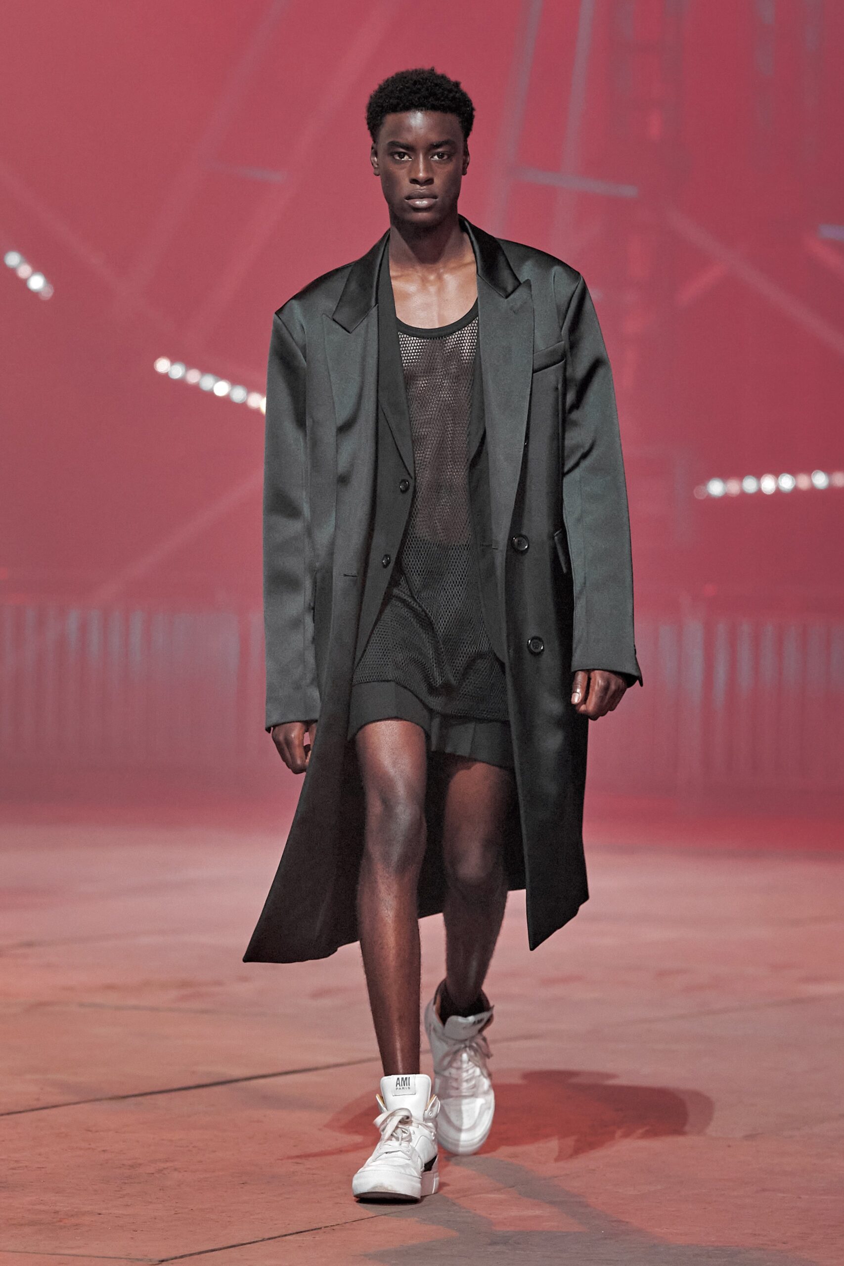 black oversized coat with mesh tank-top