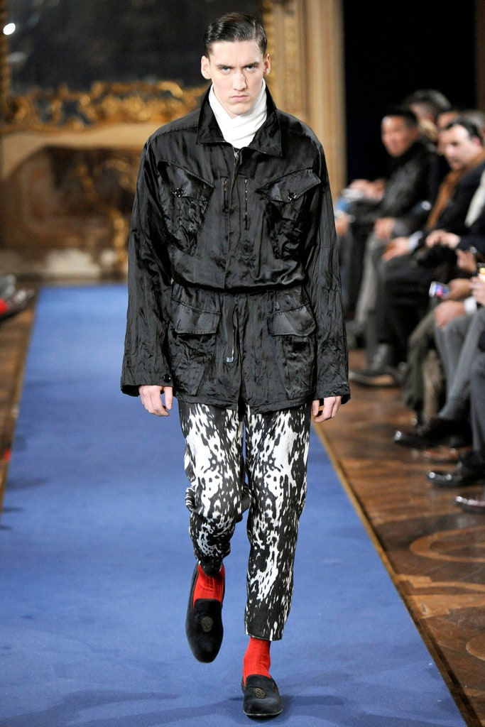 black silk jacket with printed pants