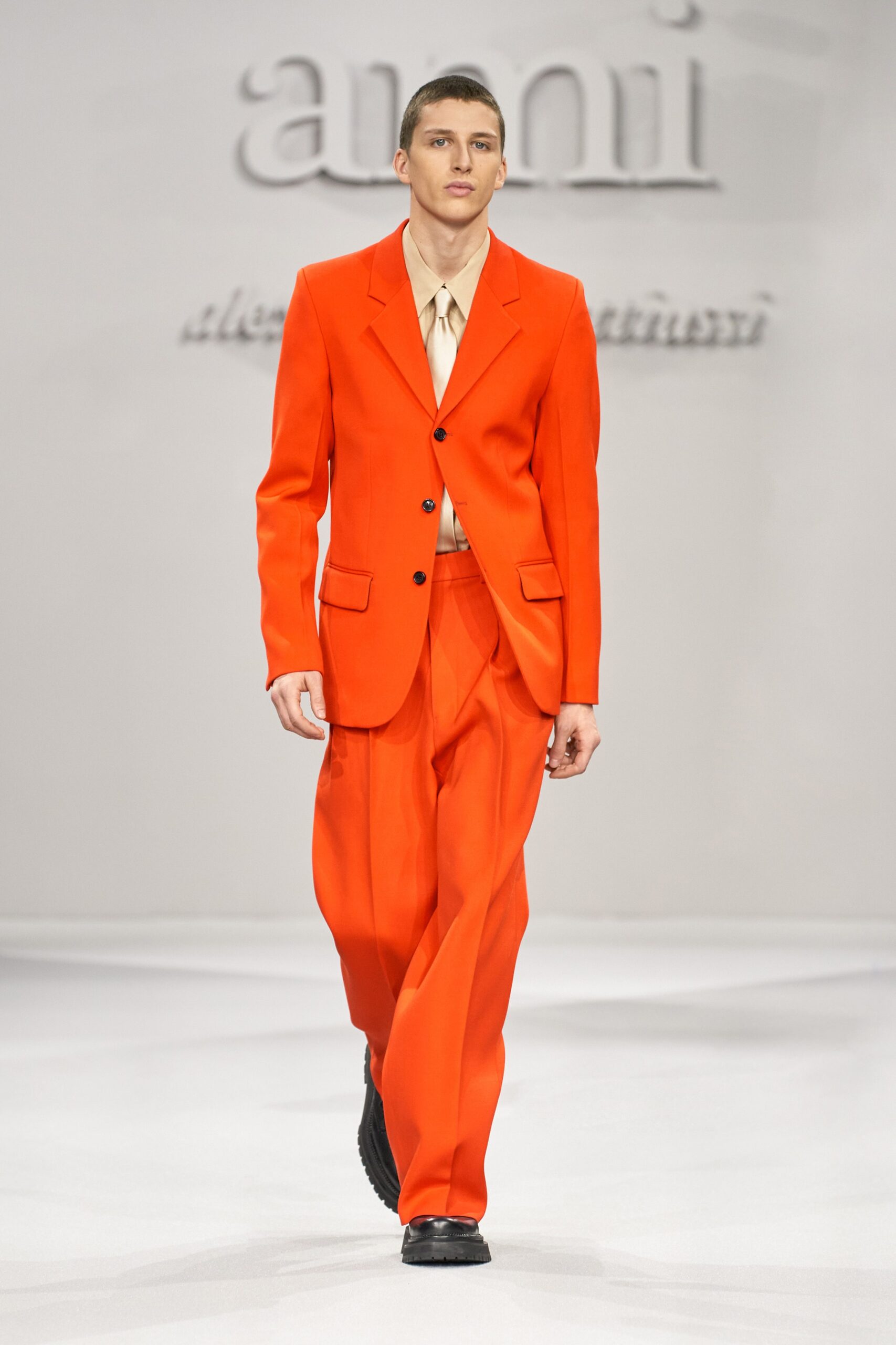 orange long-sleeve collared tailored buttoned straight-leg suit