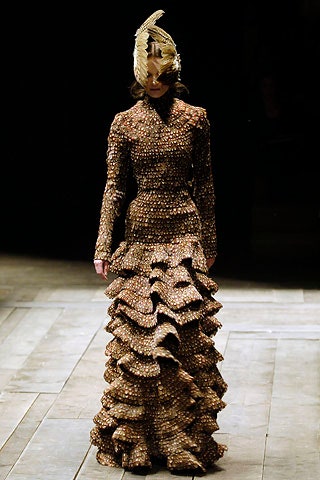 brown silk ruffled gown