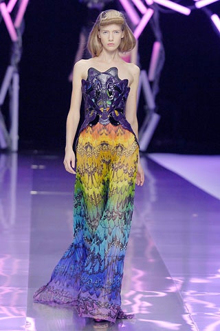 multi-colored silk strapless gown