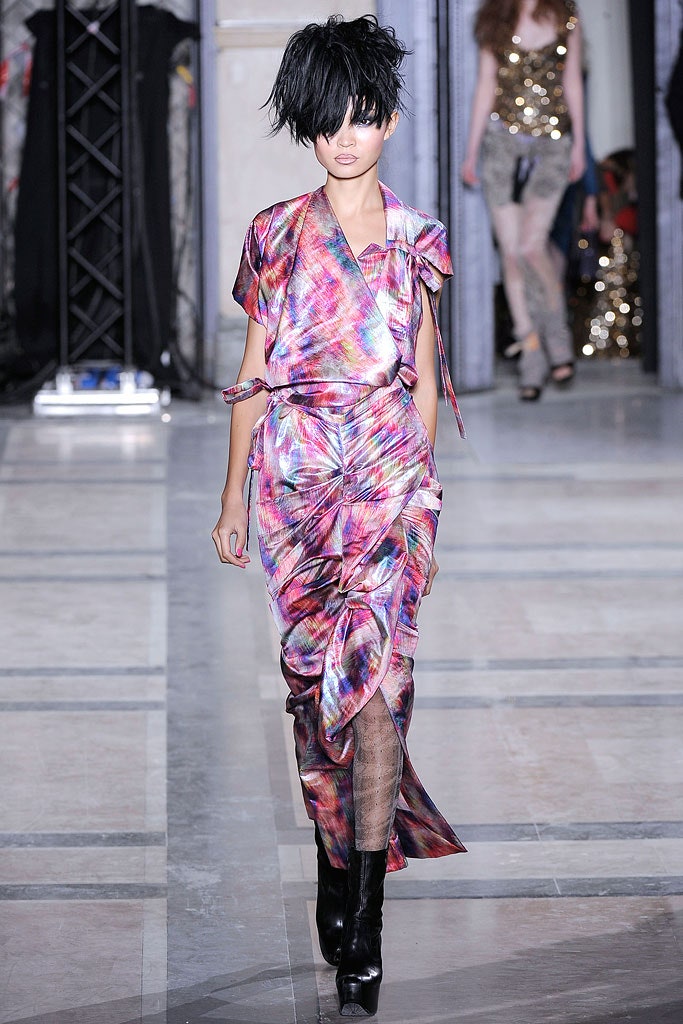 multi-colored silk draped dress