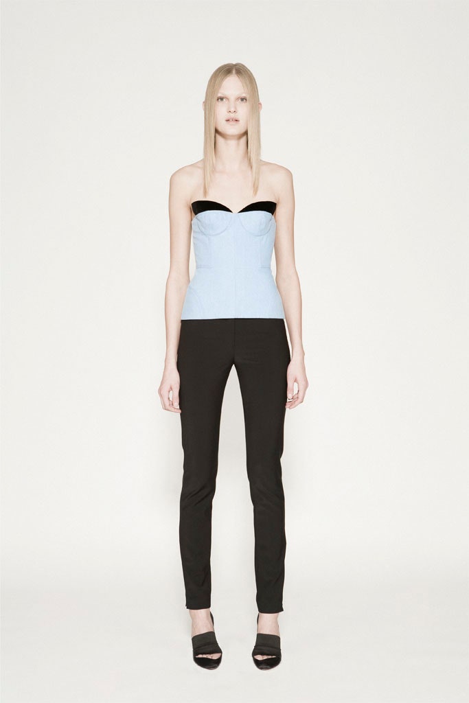 blue cotton strapless fitted structured bustier