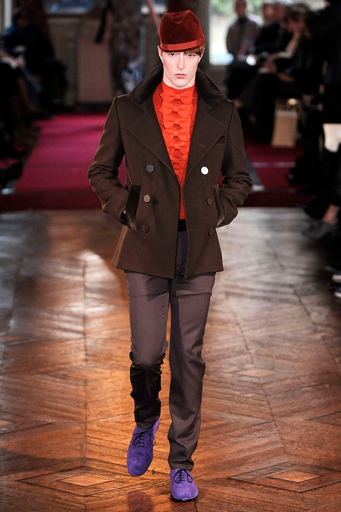 brown tailored jacket with red shirt