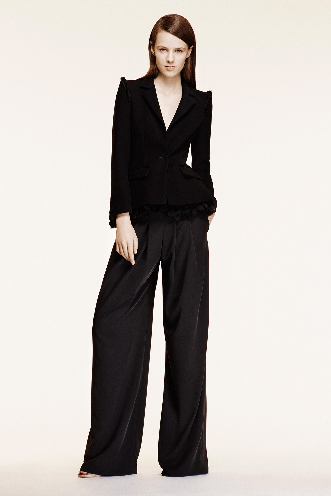black cotton long-sleeve collared tailored ruffled blazer