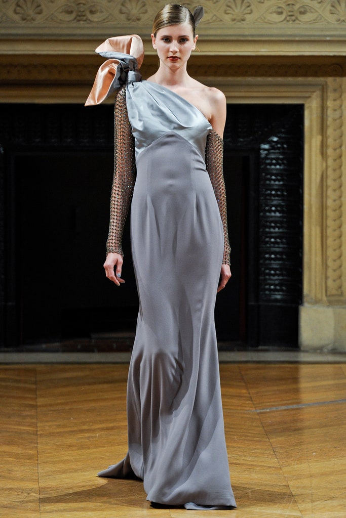 gray silk asymmetric gown
