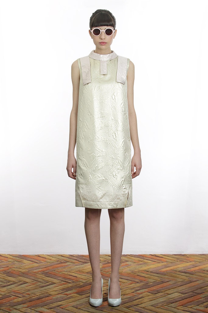 ivory silk sleeveless collared fitted textured mini dress