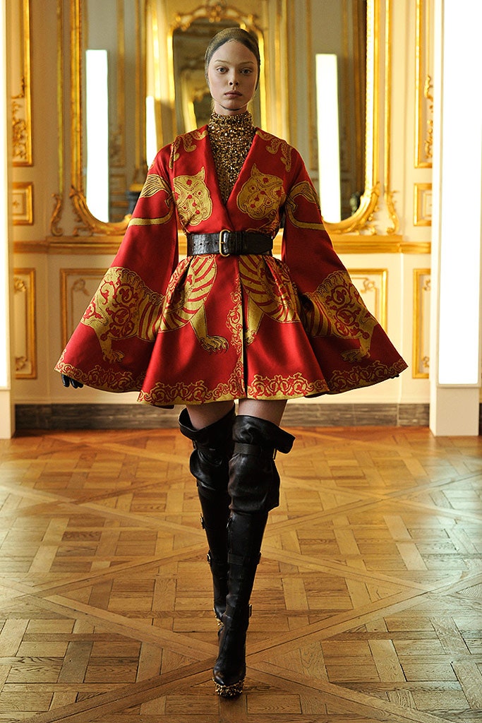 red silk long-sleeve v-neck fitted flared embroidered dress