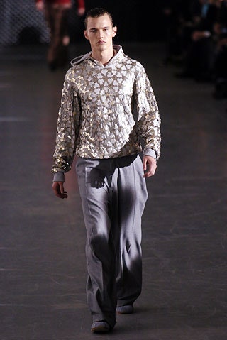 silver sequin hoodie with gray pants