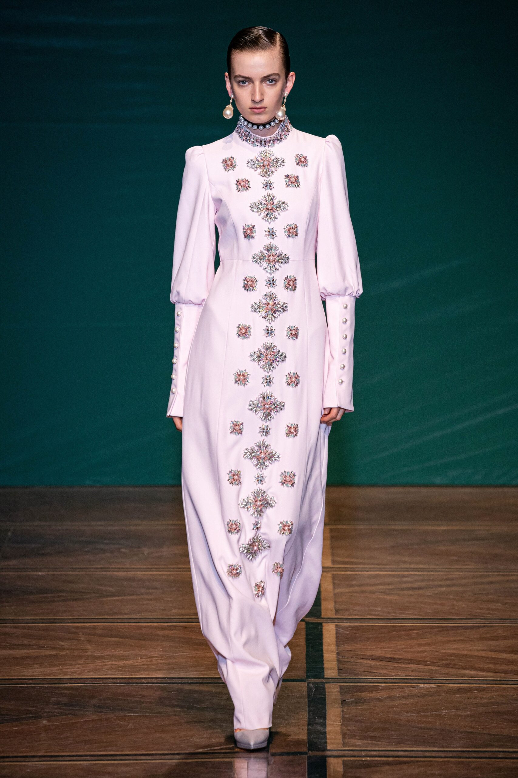 white silk embroidered gown