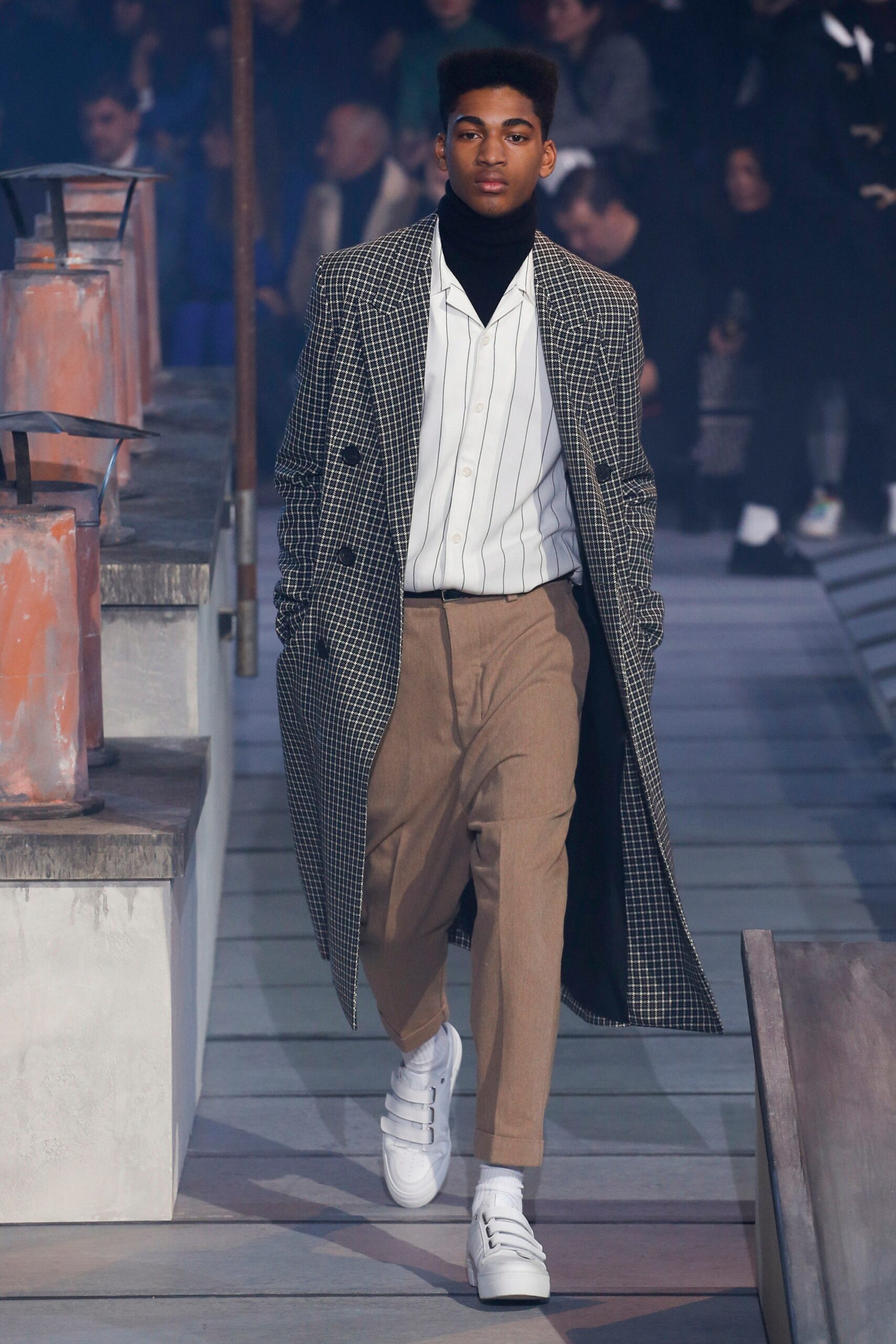 checked wool coat with striped shirt