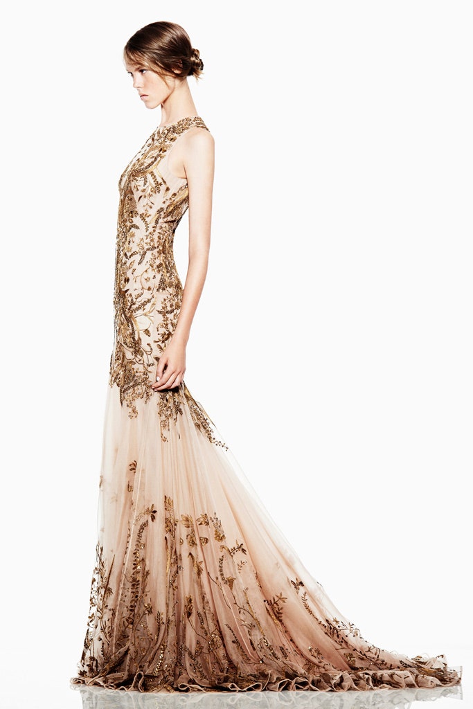 beige gold embroidered gown
