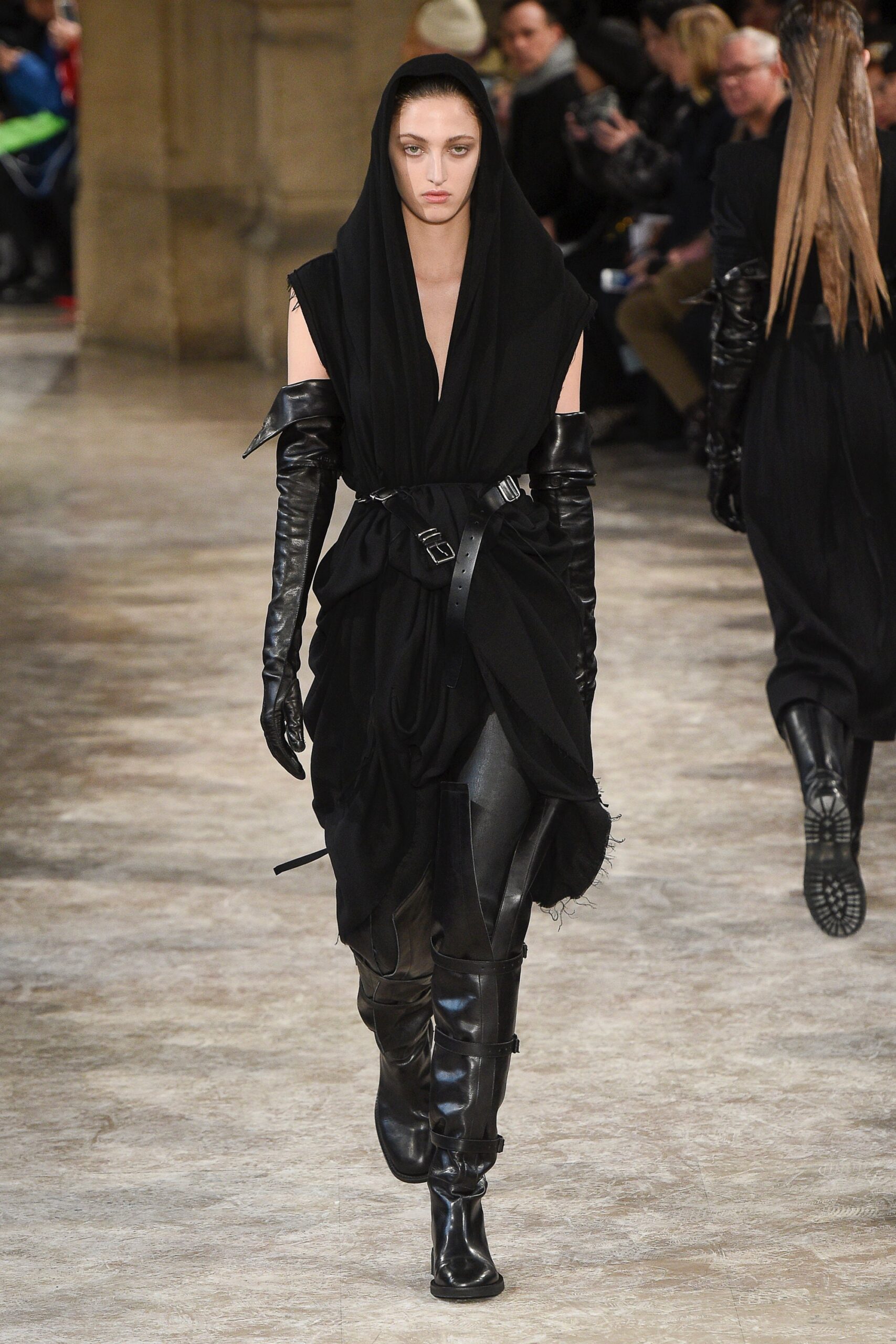 black draped midi dress with gloves and boots