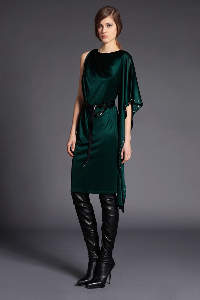 green silk sleeveless high-neck fitted draped flowing dress
