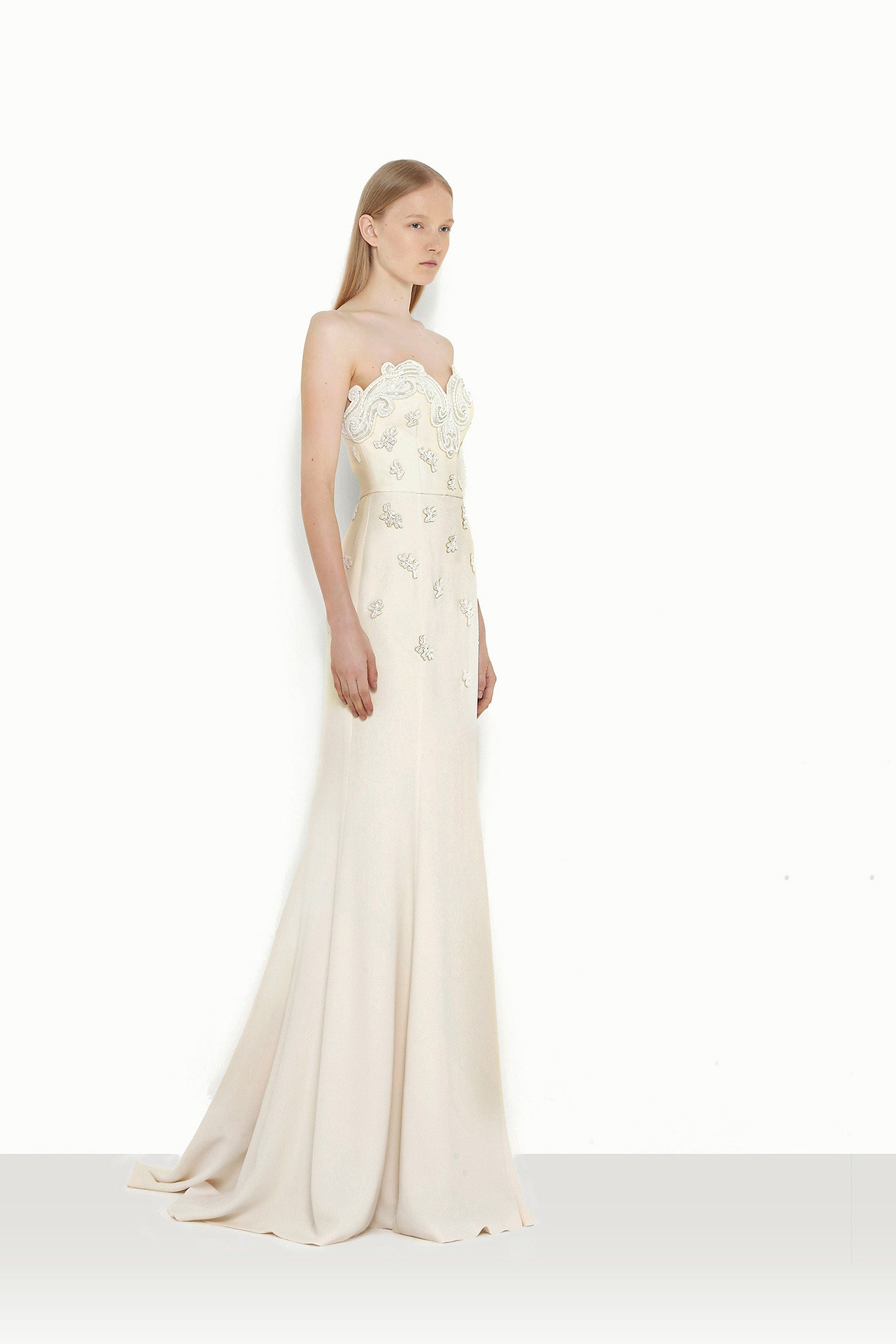 white silk strapless gown