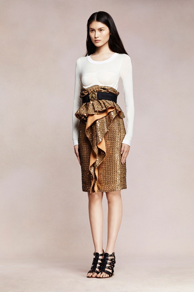 white silk blouse with gold skirt