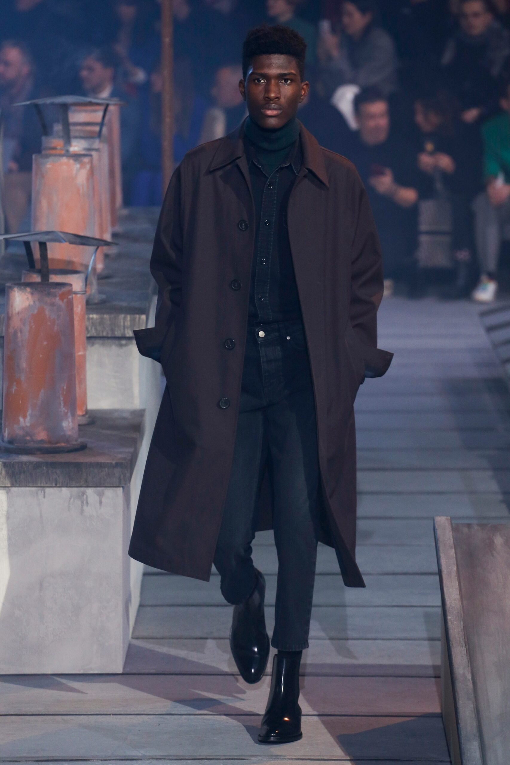 black relaxed coat with denim