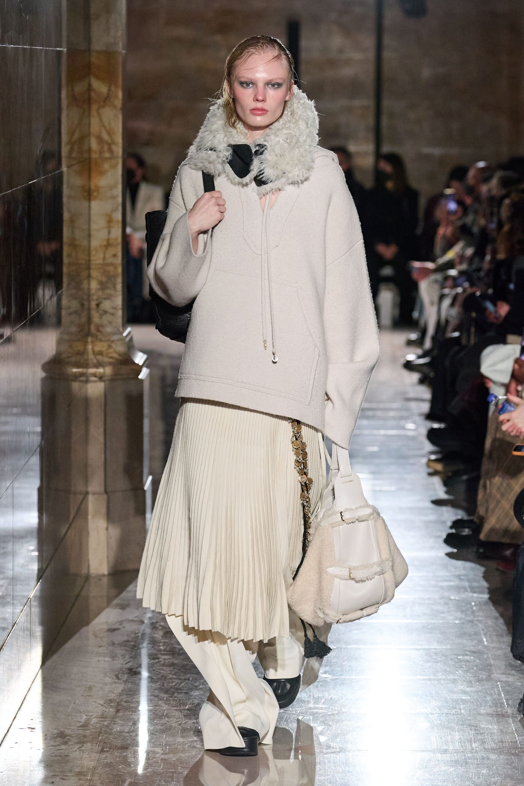 white wool sleeveless hooded oversized draped poncho