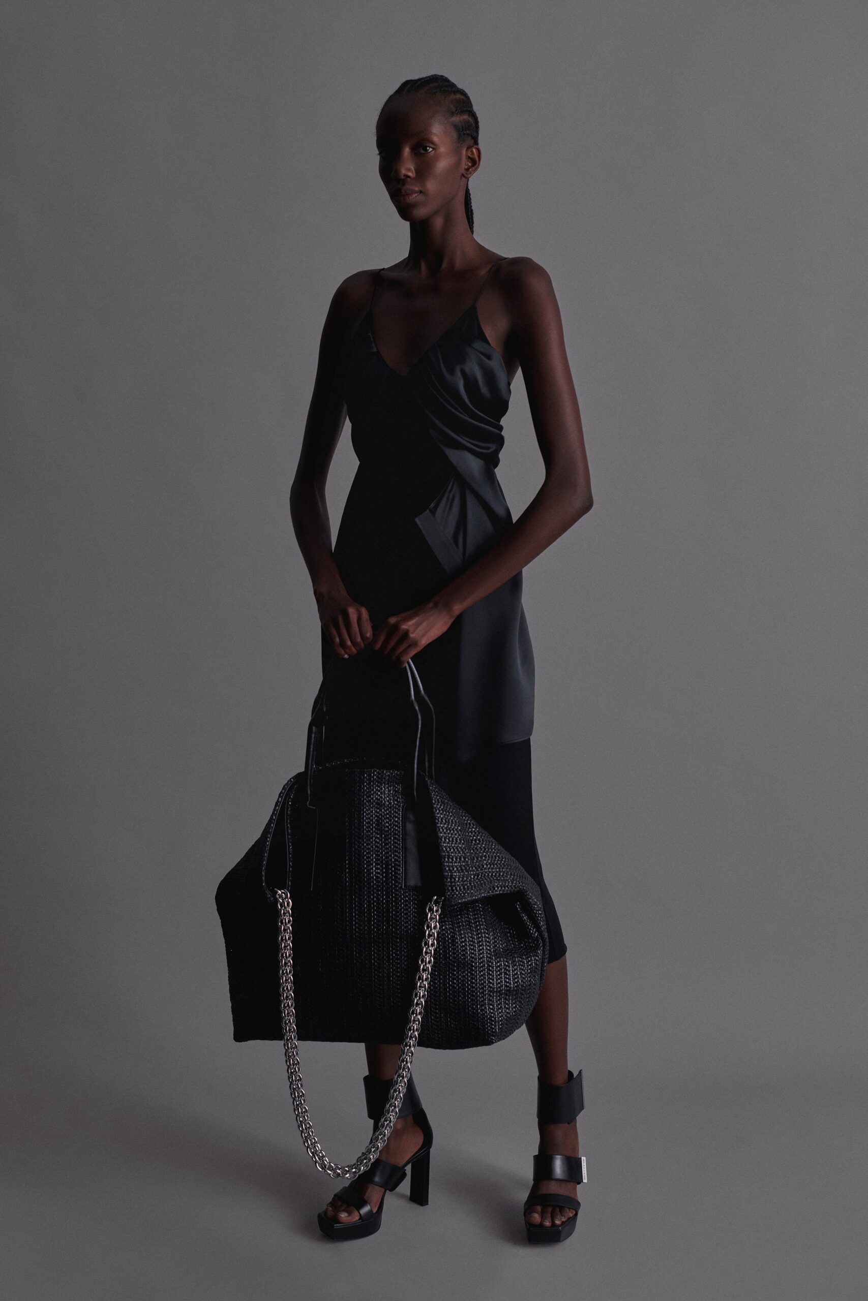 black silk fitted midi dress