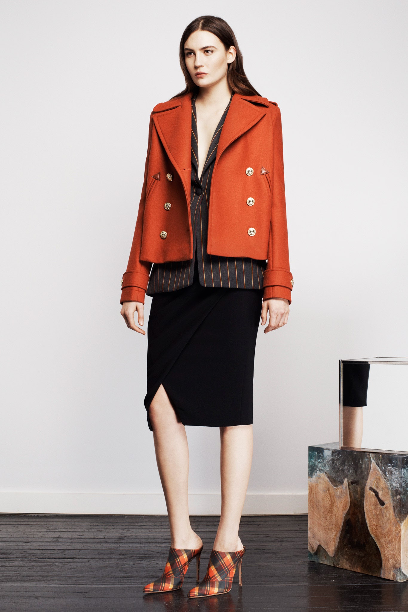 orange wool long-sleeve collared fitted buttoned jacket