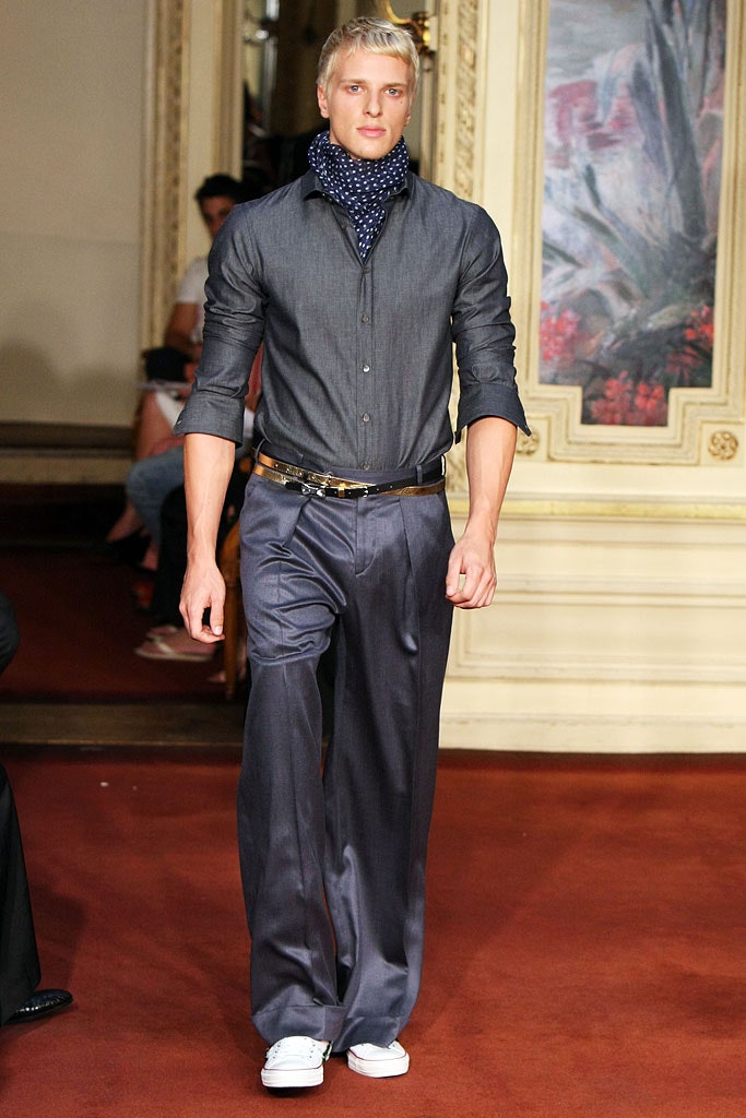 blue fitted shirt with gray pants
