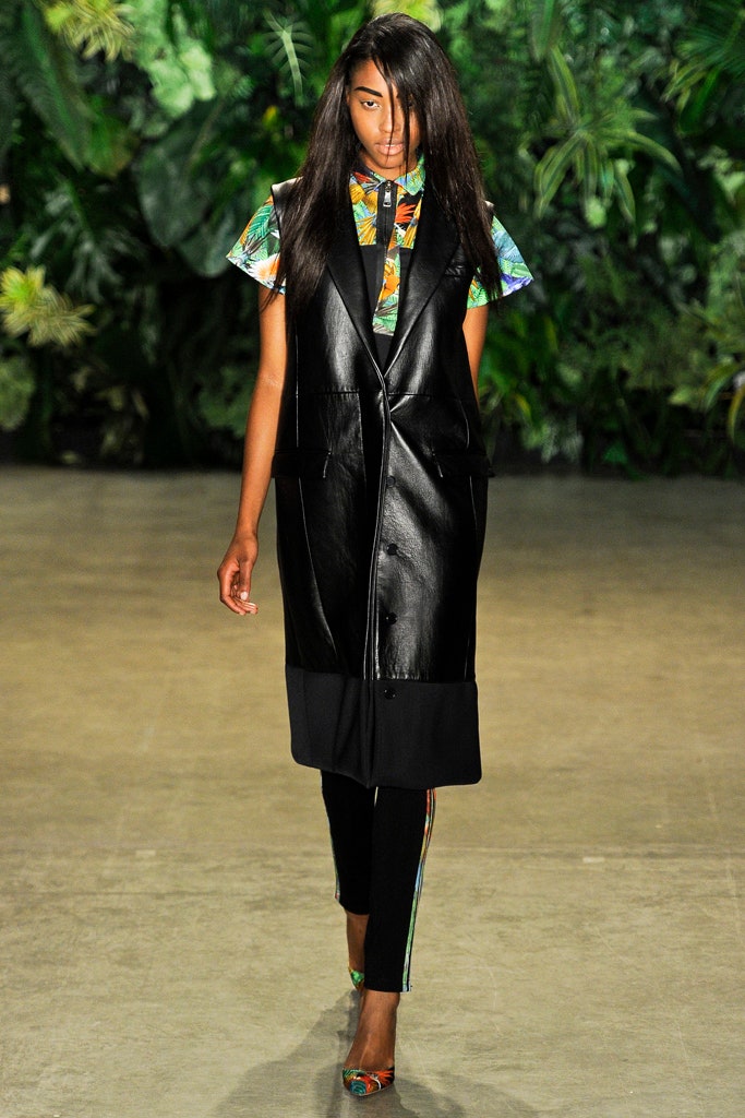 black leather long-sleeve collared fitted buttoned vest