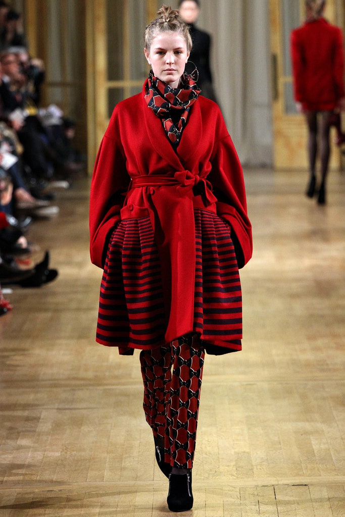 red wool coat with printed pants