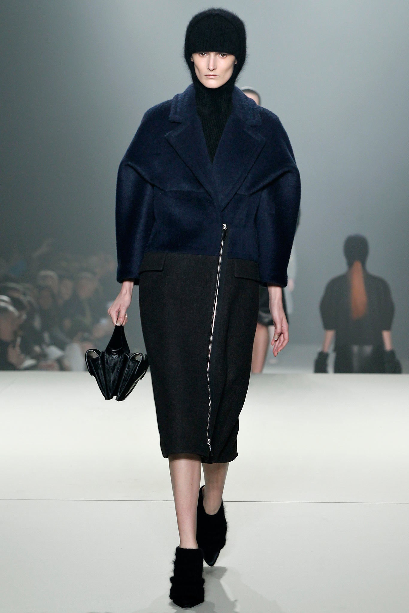 blue wool long-sleeve collared oversized zippered jacket