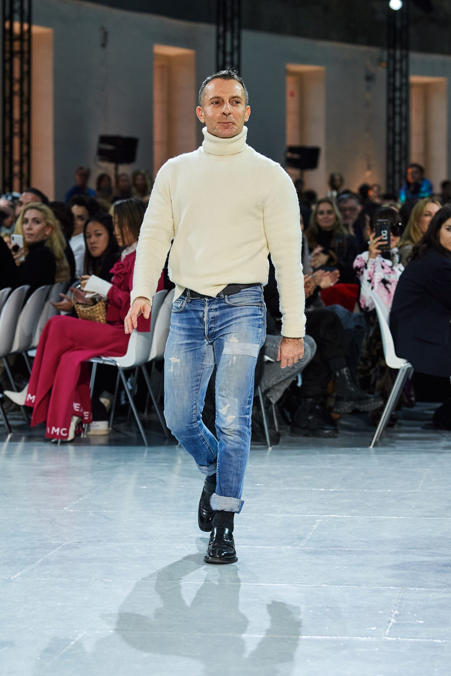 white wool turtleneck sweater with jeans