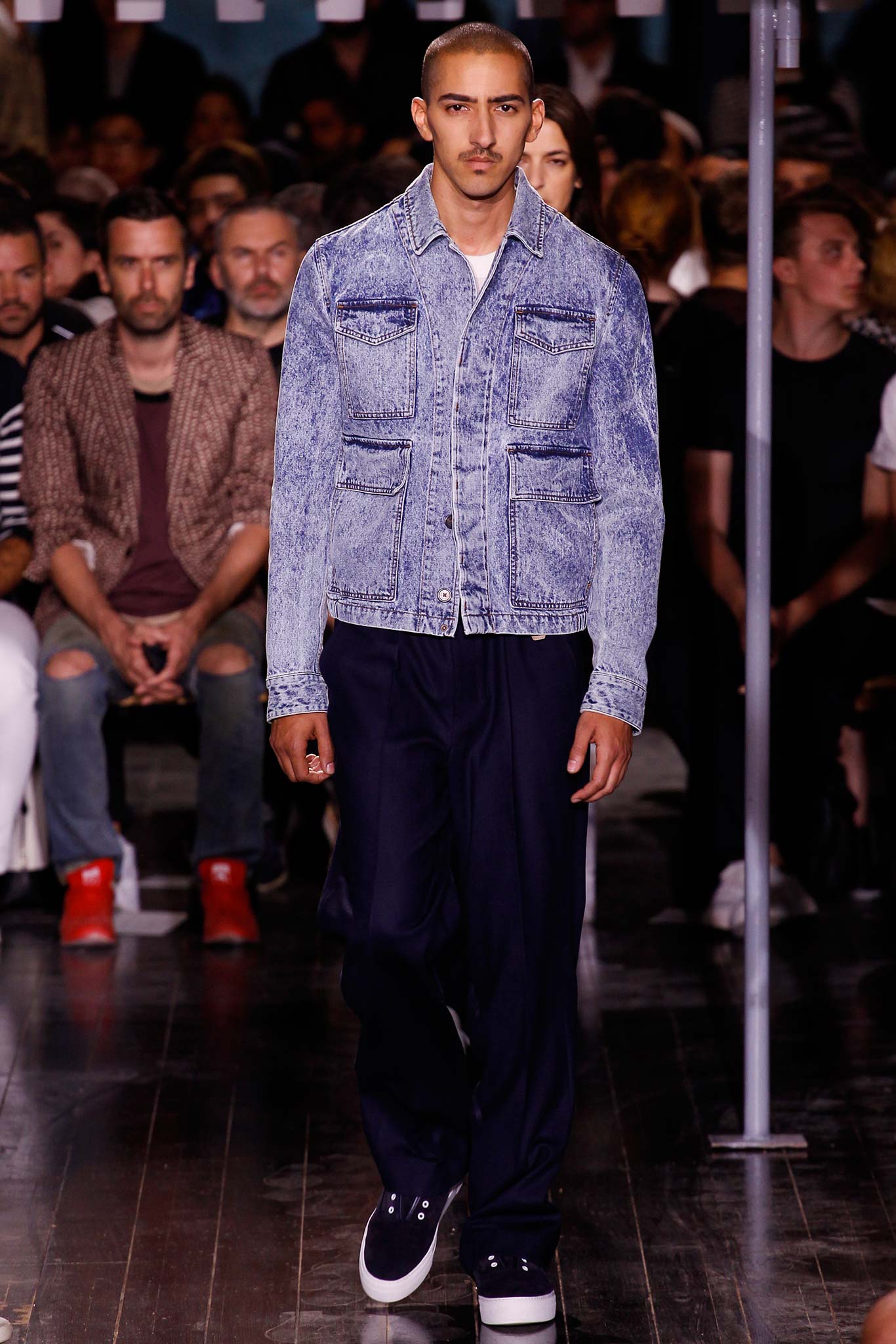 blue denim jacket with black pants