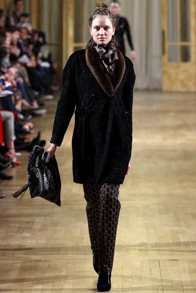 black wool coat with brown pants