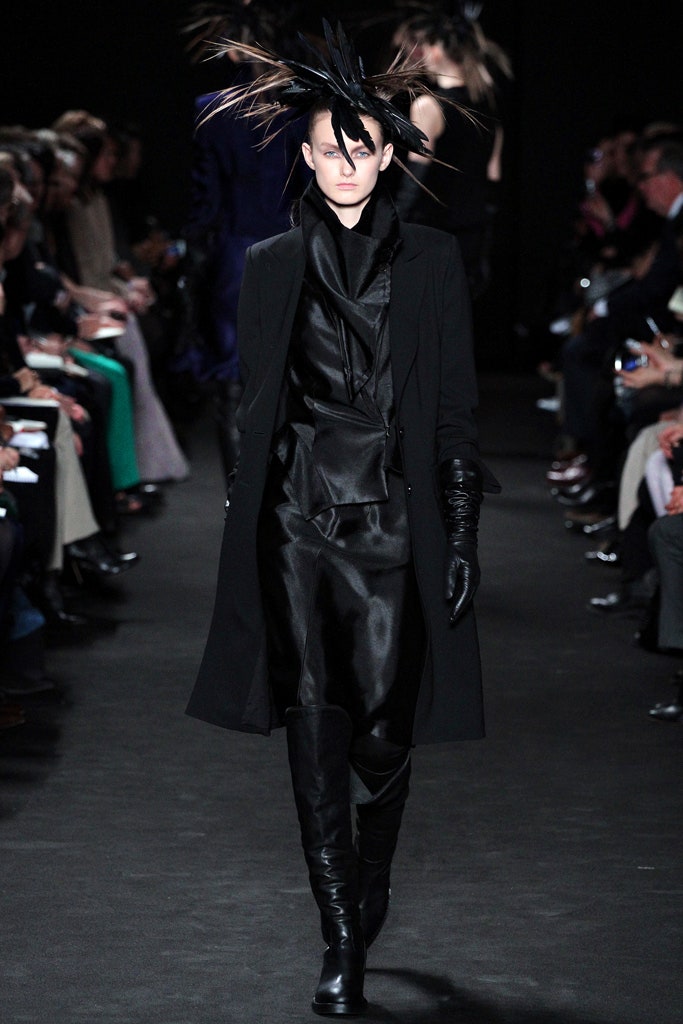 black silk long-sleeve collared fitted draped coat