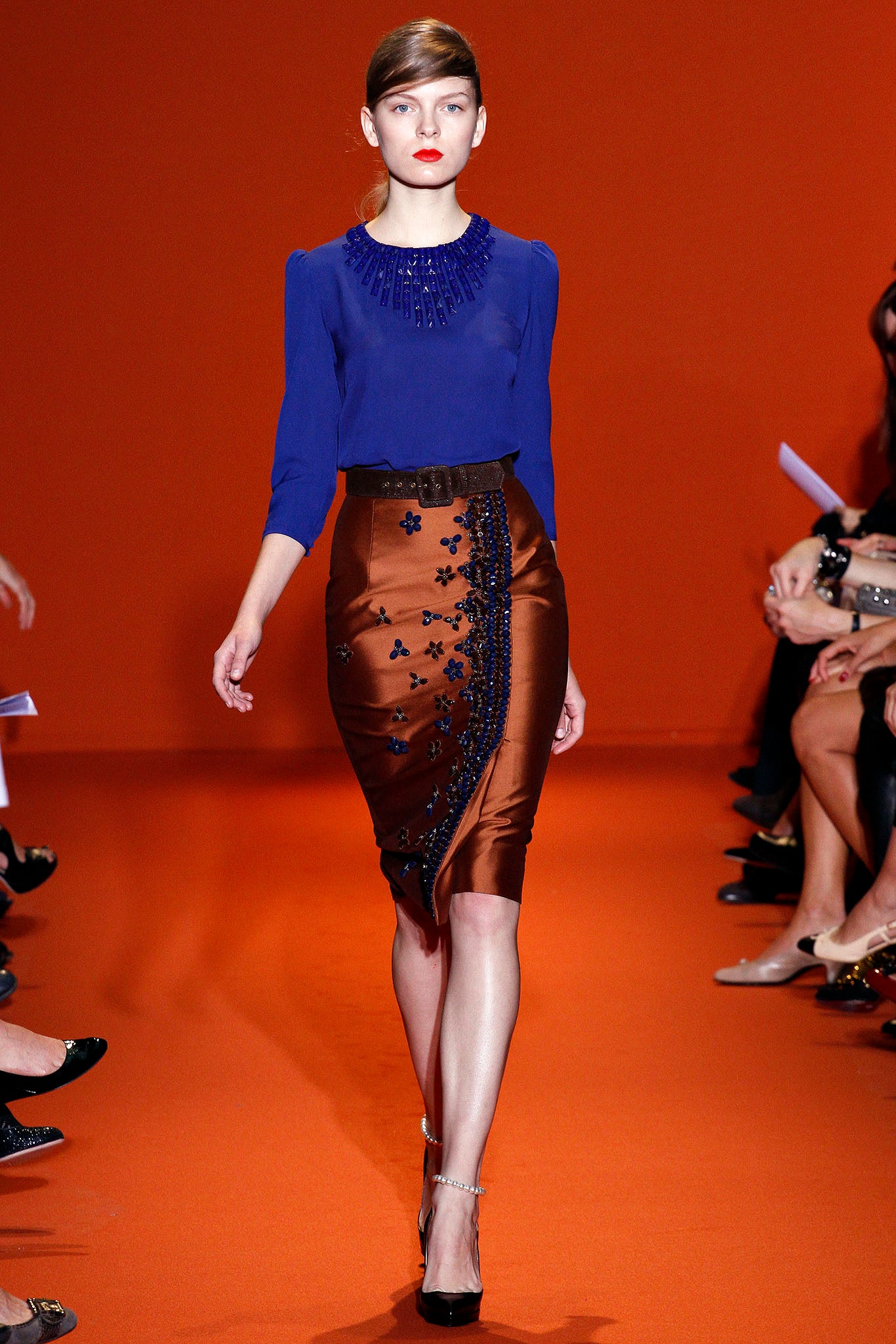 brown silk slit fitted embroidered midi skirt