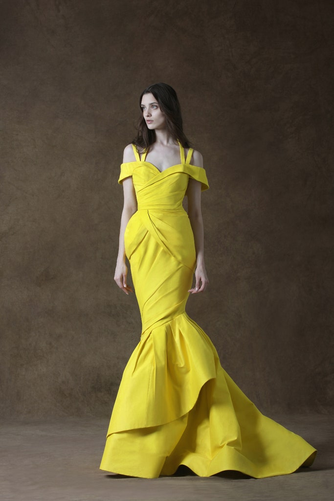 yellow off-shoulder gown